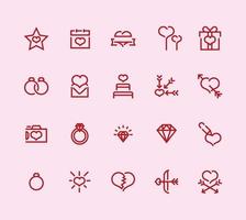 feliz día de san valentín línea simple iconos vector conjunto plano aislado rojo, conjunto de iconos contorno colección de iconos. ilustración vectorial simple en el día de San Valentín, iconos web de línea mínima.