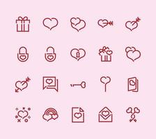 feliz día de san valentín línea simple iconos vector conjunto plano aislado rojo, conjunto de iconos contorno colección de iconos. ilustración vectorial simple en el día de San Valentín, iconos web de línea mínima.