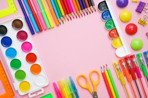 School supplies, colored pencils, watercolor paints, pens, ruler and scissors photo