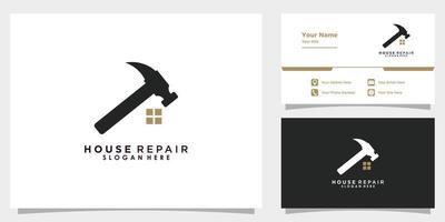 house repair logo design vector with hammer element icon and business card template