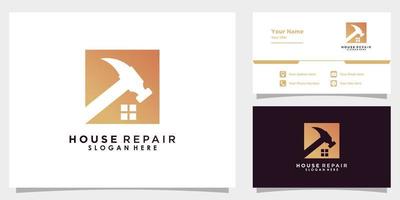 house repair logo design vector with hammer element icon and business card template