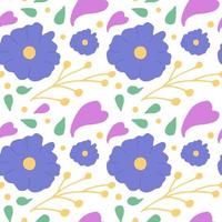 Seamless pattern with purple flowers and hearts, green leaves and twigs. Vector illustration
