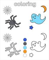 Coloring page for kids white ghosts fly and spider. Vector Illustration