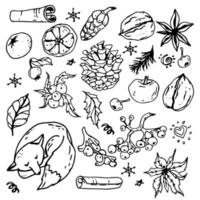 Set of winter doodles with lettering. Hand drawn vector collection of isolated elements, objects and icons.