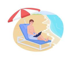 estilo de vida nómada digital 2d vector ilustración aislada. hombre que trabaja en el personaje plano de la playa en el fondo de dibujos animados. autónomo autónomo. colorida escena editable para móvil, sitio web, presentación