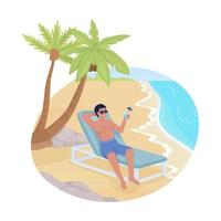 Sunbathing with cocktail in beach chair 2D vector isolated illustration. Tanned man with drink flat character on cartoon background. Colourful editable scene for mobile, website, presentation