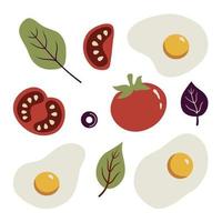 Set of healthy food and breakfast elements. Scrambled eggs and tomatoes elements. vector