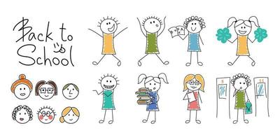 Back to school. Seth Doodle funny characters schoolchildren and teachers. Vector illustration