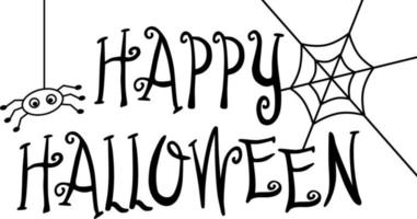 letras feliz halloween, telaraña y elementos de garabatos de araña vector
