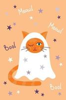 gato mágico de halloween disfrazado de fantasma. tarjeta de felicitación con letras boo y maullido. vector
