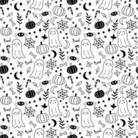 Black and white fanny halloween seamless pattern set of elements. Ghost, spiders and pumpkins vector