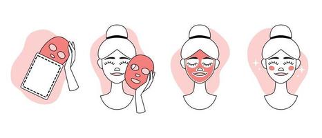 Facial mask cartoon how to apple steps instruction. Isolated on white. vector