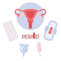 Flat illustration of uterus and feminine hygiene products. Set of elements, sanitary napkin, pad, tampon and contraceptive pills. Period lettering
