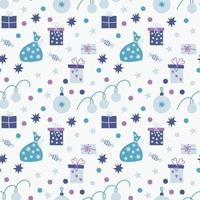 Vector seamless pattern with Christmas presents, fairy lights, confetti, baubles, candies, gift boxes, stars. Decorative design in magic colors for wrapping paper, greeting cards