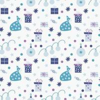 Vector seamless pattern with Christmas presents, fairy lights, confetti, baubles, candies, gift boxes, stars. Decorative design in magic colors for wrapping paper, greeting cards