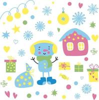 conjunto navideño de lindo muñeco de nieve, regalos, copos de nieve, confeti, guirnaldas, adornos, decoraciones, luces, estrellas vector