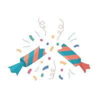 Christmas cracker isolated. Flat vector illustration of broken holiday cracker and confetti. Cute colorful Xmas, New Year and birthday design element