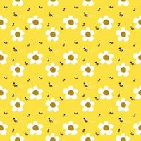 Bee and flowers  pattern on yellow background. Cute hand drawn for the Kids fabric design. vector