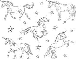 Vector set of different hand drawn doodle unicorn
