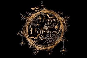 Happy Halloween Text Banner, gold horror wreath of branches, a realistic round frame border of twisted branches, golden vector illustration isolated on black background