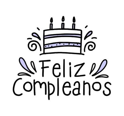 Happy birthday in Spain.  Lettering in Spanish with cake and curlicues. Vector illustration