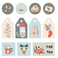 Christmas greeting gift tags set in flat style. vector