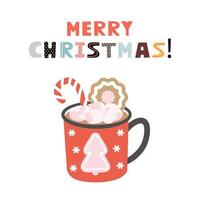 Merry Christmas template with coffee mug, lollipop and gingerbread. Background for greeting cards, postcards, letters, labels, web, etc. vector