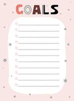 Goals list template. Vector illustration in winter design for planner. Cute and trendy.