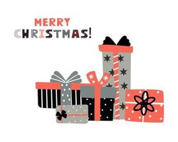 Merry Christmas template with gift boxes. Background for greeting cards, postcards, letters, posters, labels, web, etc. vector