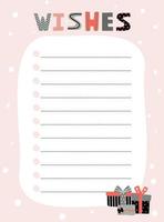 Wish list template. Vector illustration in winter design for planner. Cute and trendy.