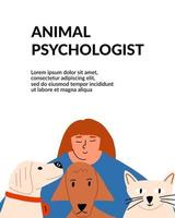 Doctor with animals. Psychologist. Flyer design for a veterinary clinic. Vector illustration in a flat style.