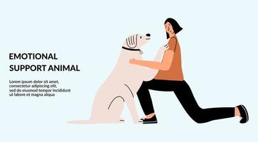 Animal emotional support concept. Girl with a labrador. Landing page, design, template. Vector hand drawing illustration.