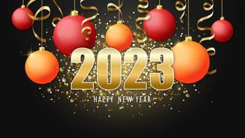 Happy new year 2023. Christmas red and orange balls and golden serpentine. Vector illustration. photo