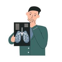Male medical worker in uniform holding x-ray photo. Pulmonologist analyzing the radiology result. Man doctor studying pneumonia treatment. Therapist character hand drawn flat vector illustration