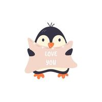 lindo pingüino escandinavo con almohada. adorable pájaro gordito ártico de moda. diseño de concepto de declaración de amor. estampado infantil de bebé animal ingenuo. vivero dibujado a mano ilustración vectorial plana aislada vector