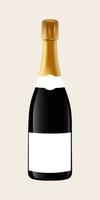 Bottle for alcoholic drinks with golden foil and blank label. Champagne bottle mockup. Vector illustration.