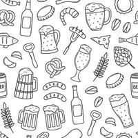 Seamless pattern of beer and snacks doodle. Brewery in sketch style. Hand drawn vector illustration isolated on white background