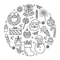 Set of Christmas doodle icons. New year party in sketch style. Hand drawn vector illustration isolated on white background