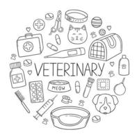 Pets shop and veterinary doodle set. Supplies and accessories for dogs and cats in sketch style. Hand drawn vector illustration isolated on white background.