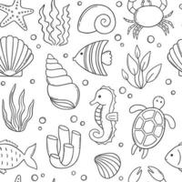 Seamless pattern of sea life doodle. Underwater elements in sketch style. Hand drawn vector illustration