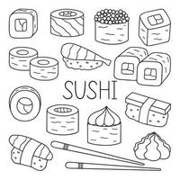 Sushi and rolls doodle set. Japanese food in sketch style. Hand drawn vector illustration isolated on white background