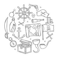 Set of pirates and old sea doodle. Treasure chest, ship, skull and crossbones, hat, flag, compass, map in sketch style. Hand drawn vector illustration isolated on white background.