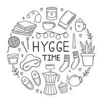 Home hygge doodle set. Coziness and comfortable lifestyle, cozy home in sketch style.  Hand drawn vector illustration.