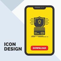 seguridad. tarjeta de crédito. tarjeta. hackear. piratear el icono de glifo en el móvil para la página de descarga. fondo amarillo vector