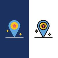 iconos de la casa de navegación del mapa conjunto de iconos rellenos de línea y plana fondo azul vectorial vector