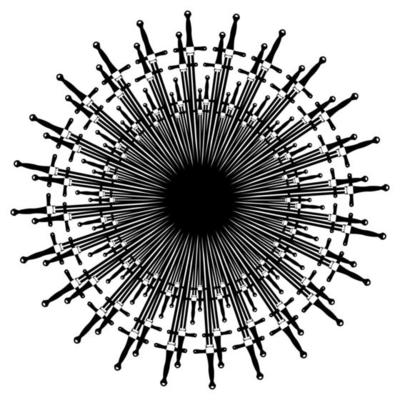 Abstract eyeball made by Swords. Simple black eye icon. Outline vector illustration isolated on white background.