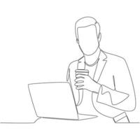 hombre de negocios con computadora portátil sosteniendo una taza de café dibujo de línea continua vector