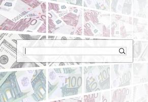 The search string is located on top of collage of many images of euro banknotes in denominations of 100 and 500 euros lying in the heap photo