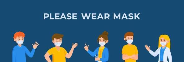 Vector illustration of please wear mask. Picture on blue background.