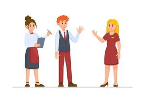 Vector illustration of the restaurant team. Isolated on white background administrator, waiter and customer.